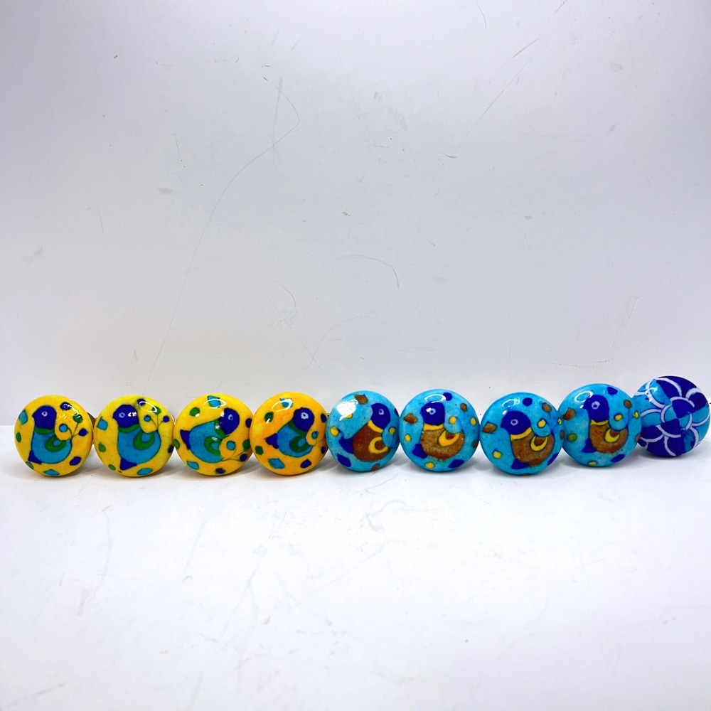 9pc Hand Painted Ceramic Drawer Knobs Bird Floral Blue Yellow Boho Cabinet Pulls
